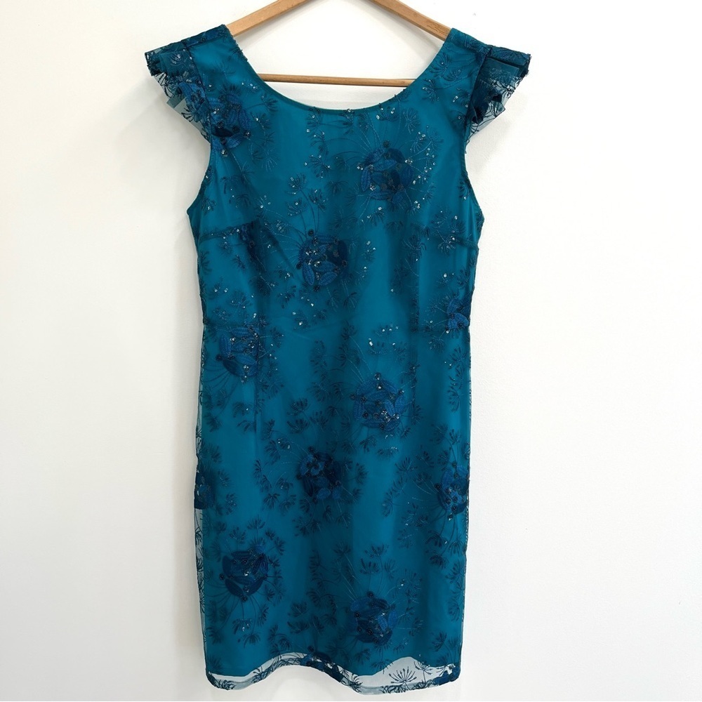 Nanette Lepore teal blue floral lace embroidered sheath dress cap sleeves sheer
